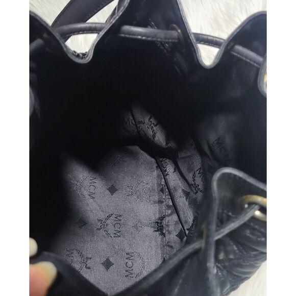 MCM|Vintage Black Leather Quilted Drawstring Bucket Bag - Picture 8 of 13
